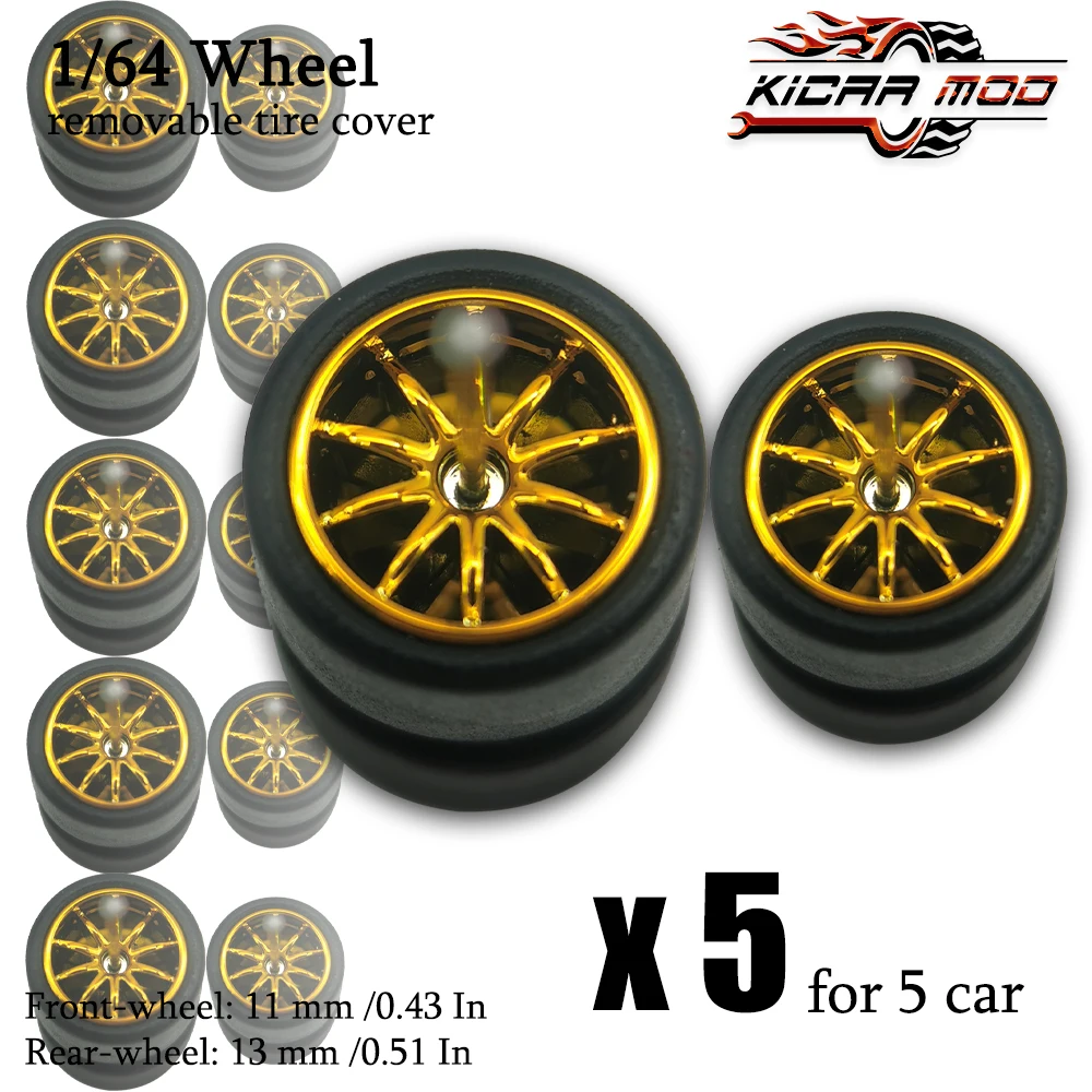 1/64 Front Small Rear Big Wheels with Detachable Slick Rubber Tires for Model Cars Refiting Parts for Hotwheels (5 Sets)