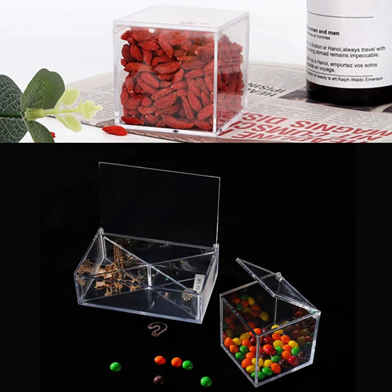 Clear Acrylic Cube Box Flip-top Storage Box Home Candy Nuts Container Jewellery Beads Case Gift Packing Organizer