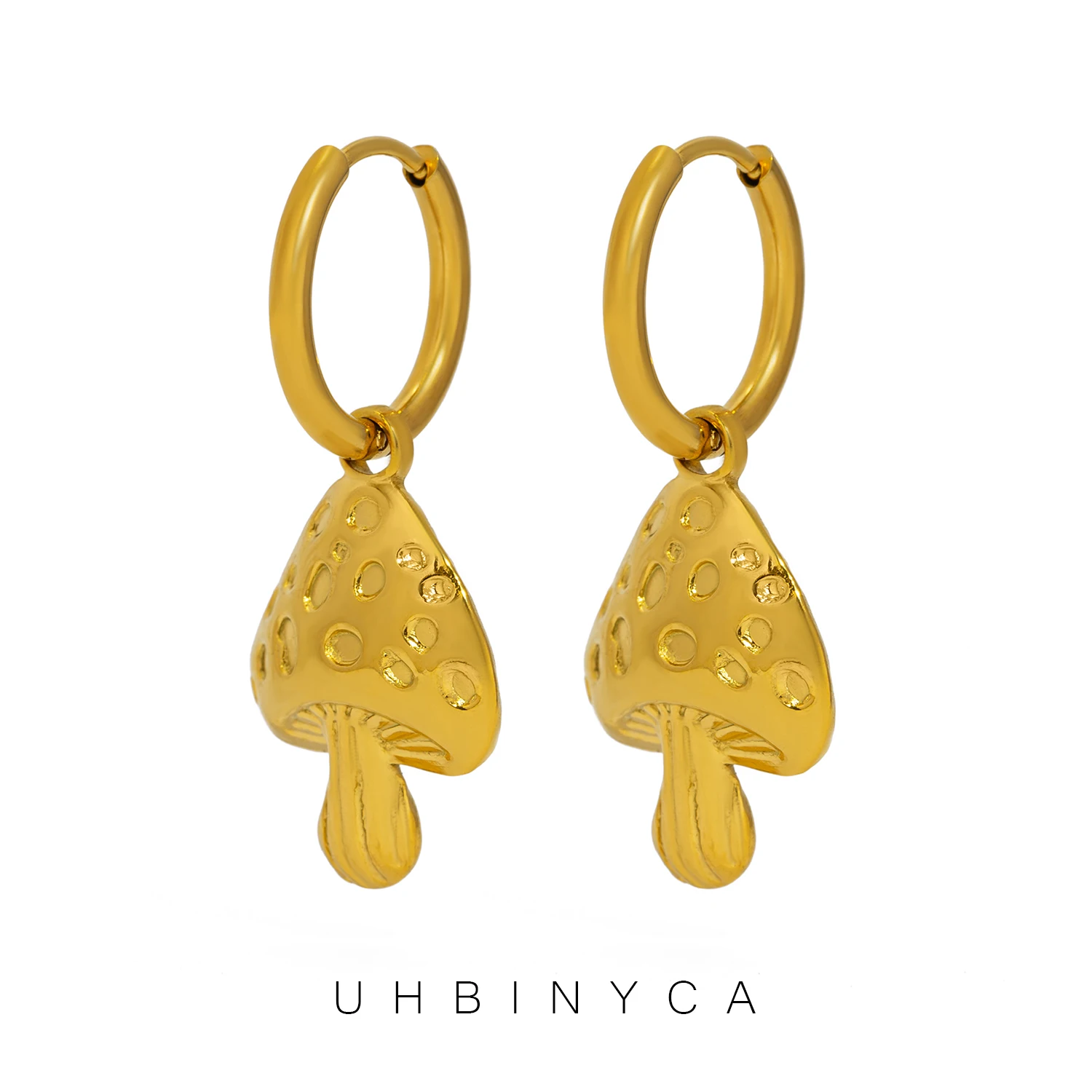 Cute Stainless Steel Mushroom Pendant Drop Earrings for Women Fashion Gold Color Waterproof Metal Daily Jewelry
