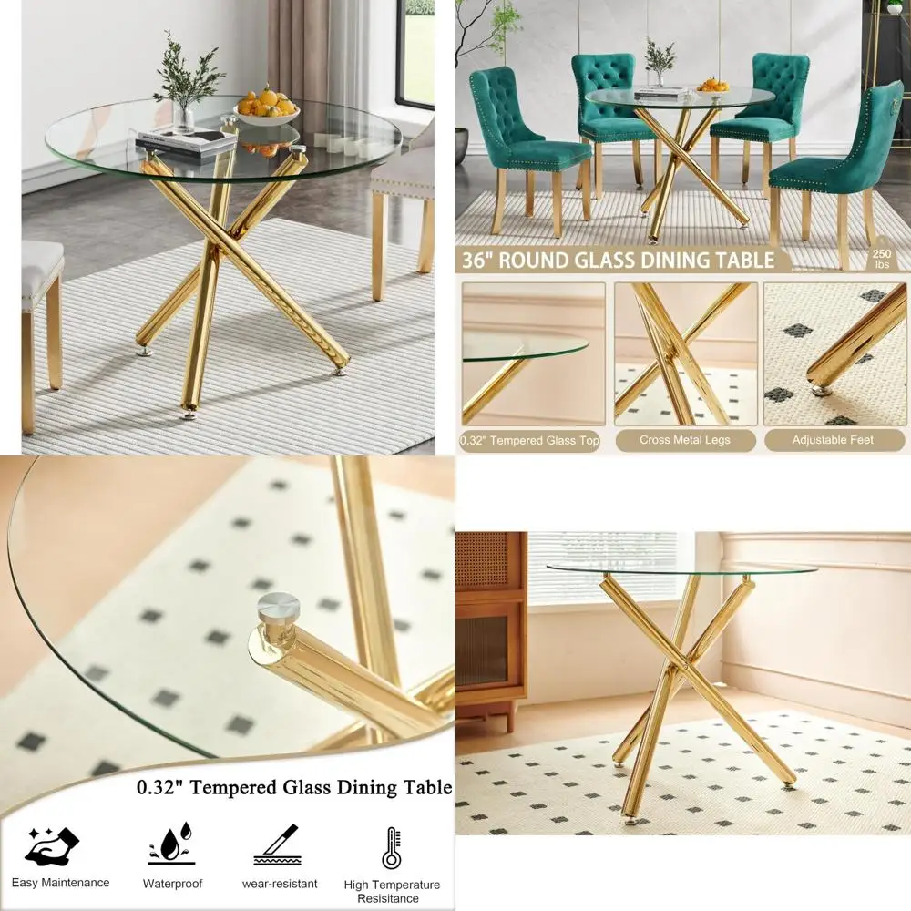 Modern Clear Glass Dining Table for 4 Seats with Gold Metal Cross Legs - Contemporary Small Circle Kitchen Table