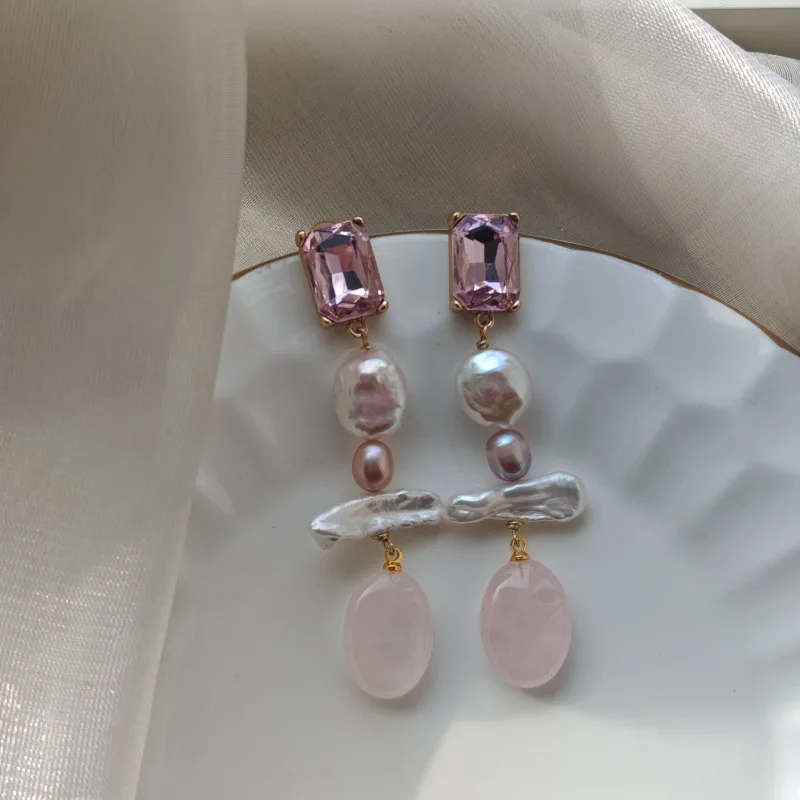 

Natural Pink Rose Quartz Charms Dangle Earrings Irregularity Freshwater Pearl Tassels Statement Valentine's Day Dating Earrings