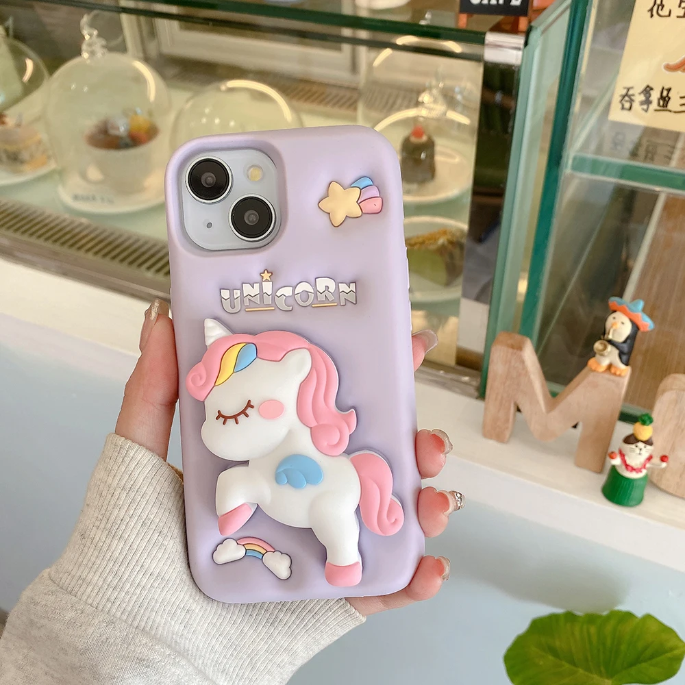 Nette 3D Cartoon Regenbogen Einhorn Pferd Weiche Silikon Halterung Fall Ständer Halter Abdeckung Für iPhone 17 16 Plus 15 14 13 12 Pro Max – Detail 2