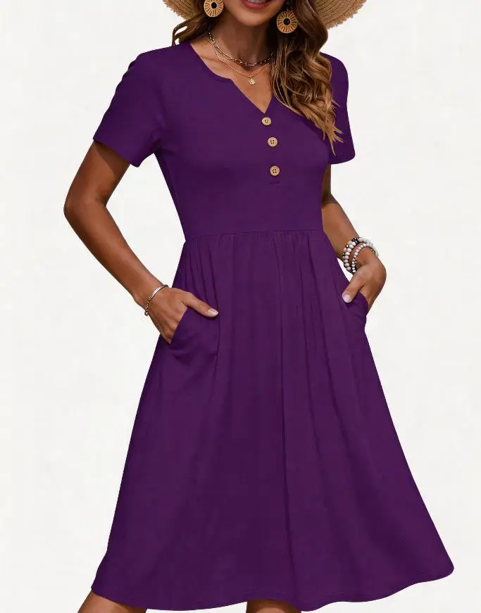 Plus-Size Damen Elastisches Midikleid mit V-Ausschnitt, Knopfverzierung, Kurzen Ärmeln, Lässiges A-Linien-Kleid mit Taschen für Damen – Detail 6