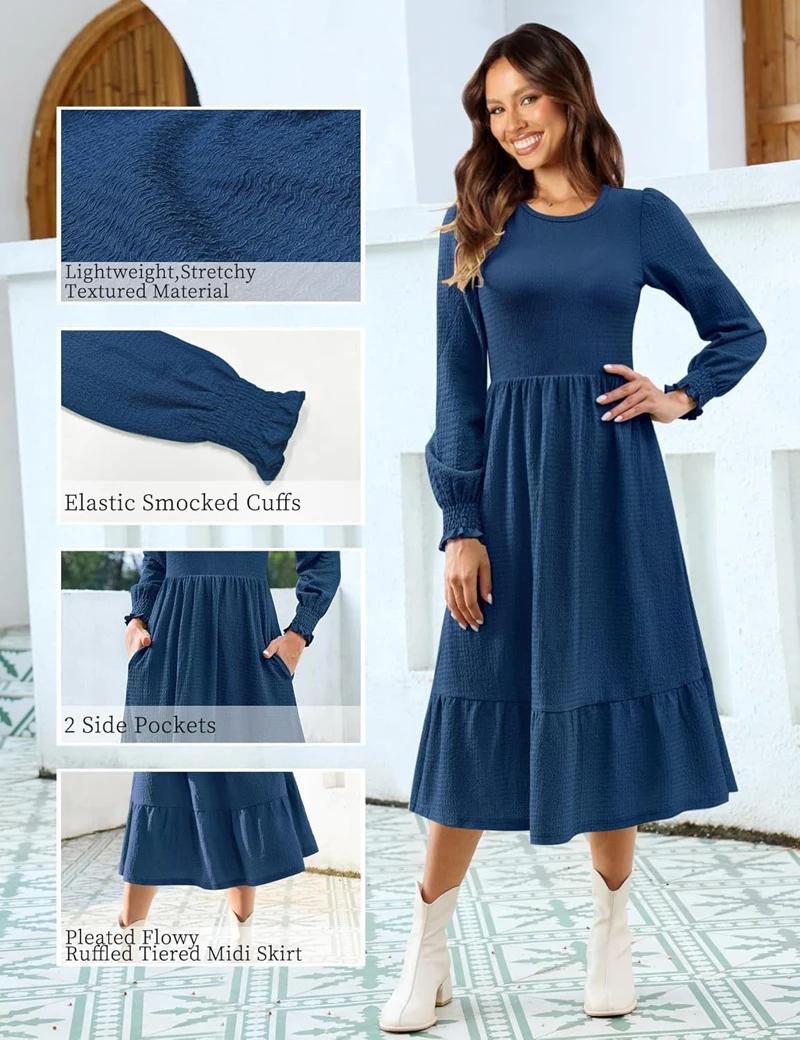 SxerxeS نساء 2025 خريف ربيع كم طويل Crewneck السببية فلوي مطوي المتدرج ألف خط حفل زفاف فساتين متوسطة الطول مع جيوب