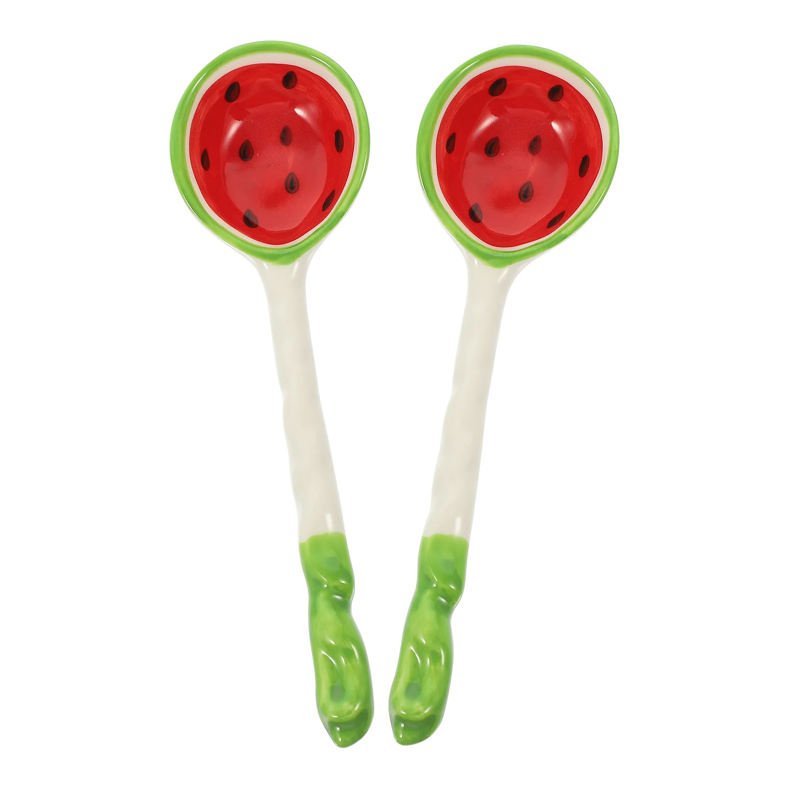 

2Pcs Watermelon Pattern Ceramic Soup Spoons Long Handle Kitchen Household Fruit Printing Spoons Home Restaurant Cooking