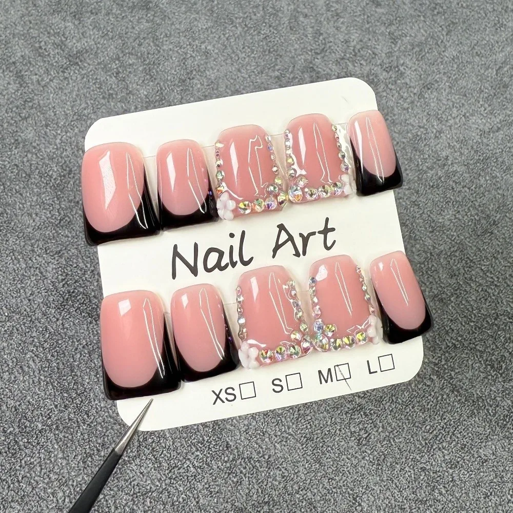 Sweet Pink Color Press on Nails Short Length White French Tip False Nails 3D Carving Rhinestones Design Nail Art Wearable Nails