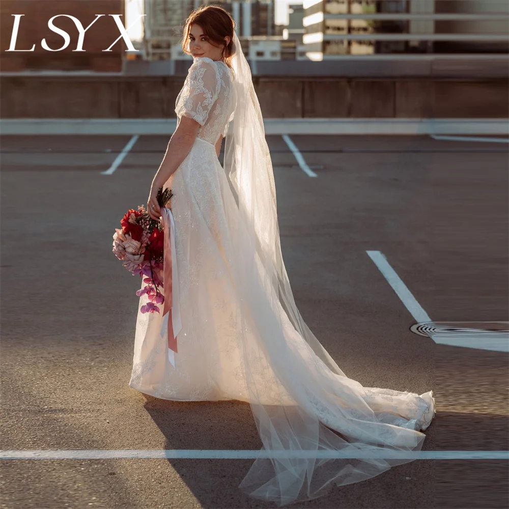 

LSYX Customized Sleeveless V-Neck Appliques A-Line Tulle White Wedding Dress Puff Sleeves Illusion Back Court Train Bridal Gown