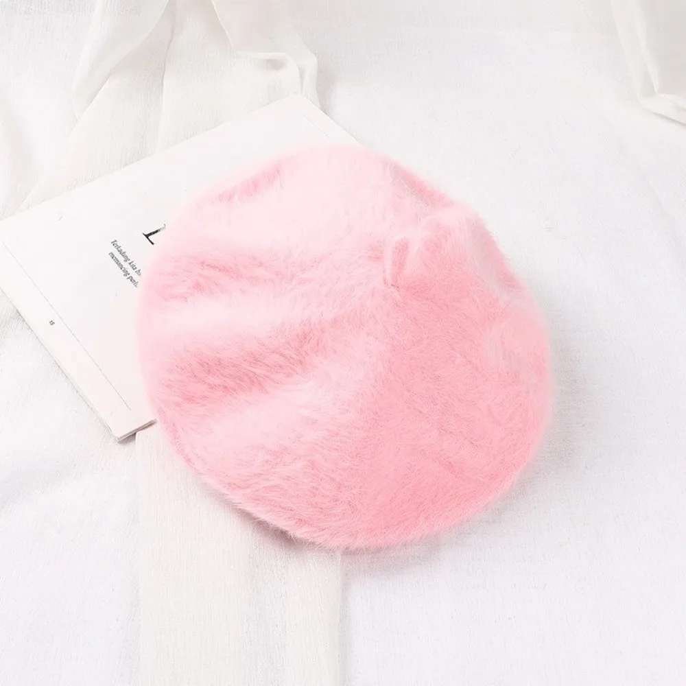 Elegant Solid Color Faux Mink Beret Soft Flat Top Pumpkin Painter Cap Thermal Furry Plush Octagonal Cap Autumn 2