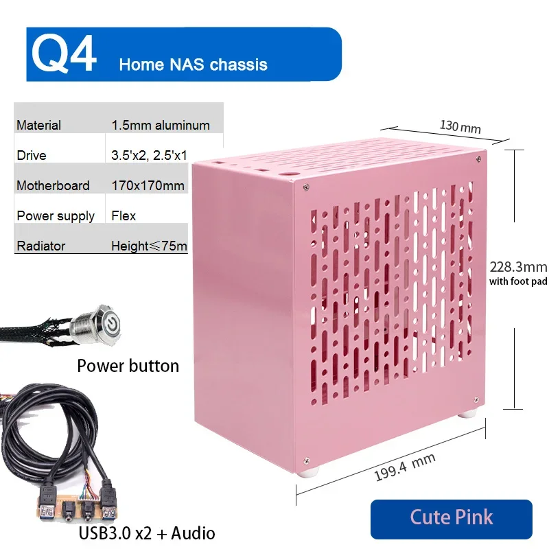 ARSYLID Q4 Home Nas Aluminiowa obudowa 3,5' X2 2,5' 75mm Chłodnica procesora Flex PSU Mini ITX Compter Case
