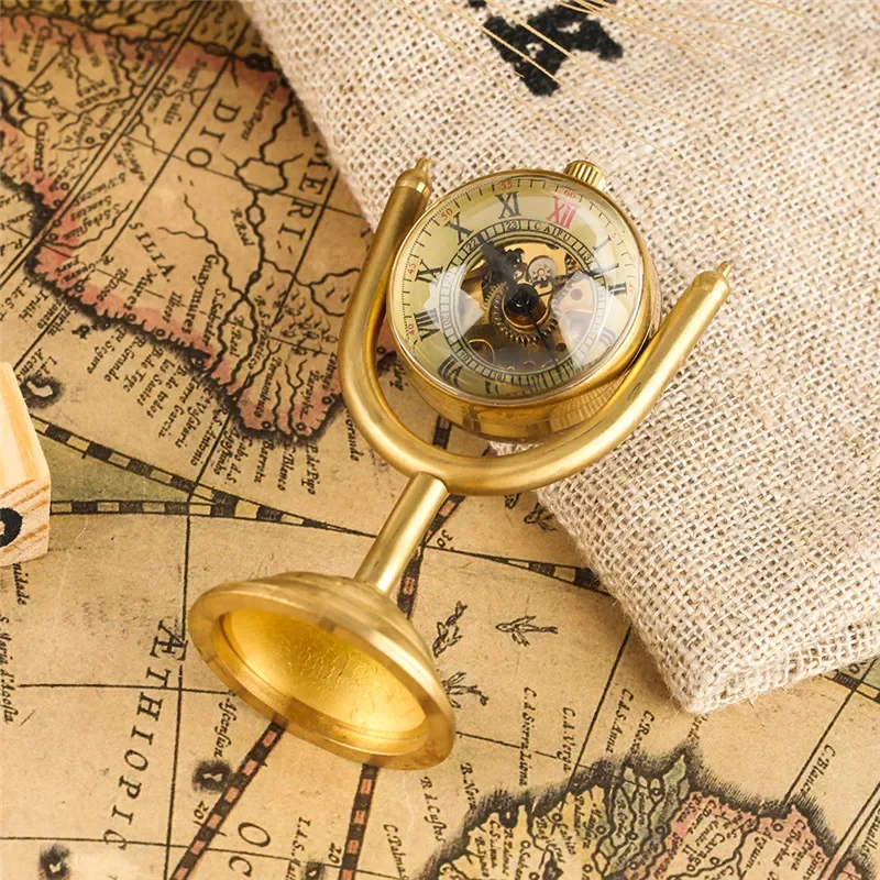 Luxury Copper Gold Prize Cup Handwinding Mechanical Pocket Watch Transparent Smooth Case House Office Desk Decoration Present