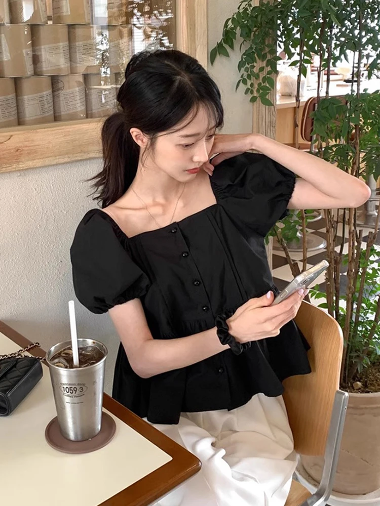 Chic Summer Loose Fit Bubble Sve irt Women's Square Collar Gored Hem Blouse Korean Sle ort Sve Faion