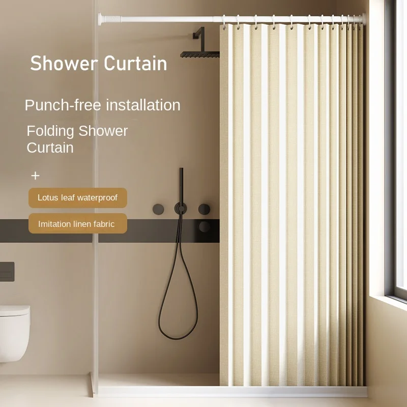 Bathroom Folding Shower Curtain with No Punching, Waterproof, Invisible Partition, Shower Room Partition, Dry and Wet Separation