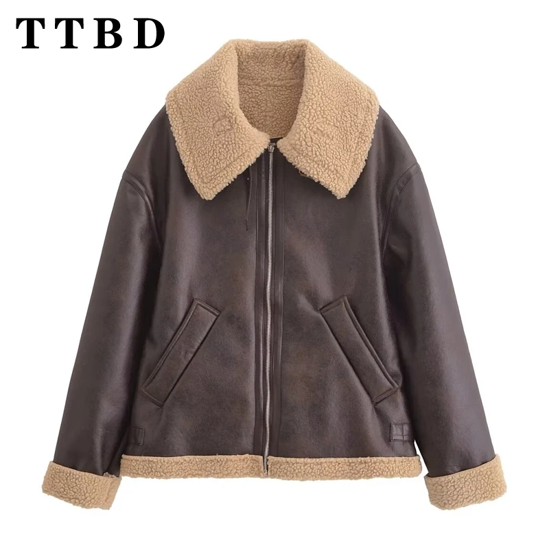 

TTBD 2024 New Autumn Winter Women's Fashion PU Bomber Jacket Vintage Lapel Long Sleeve Chic Casual Coat