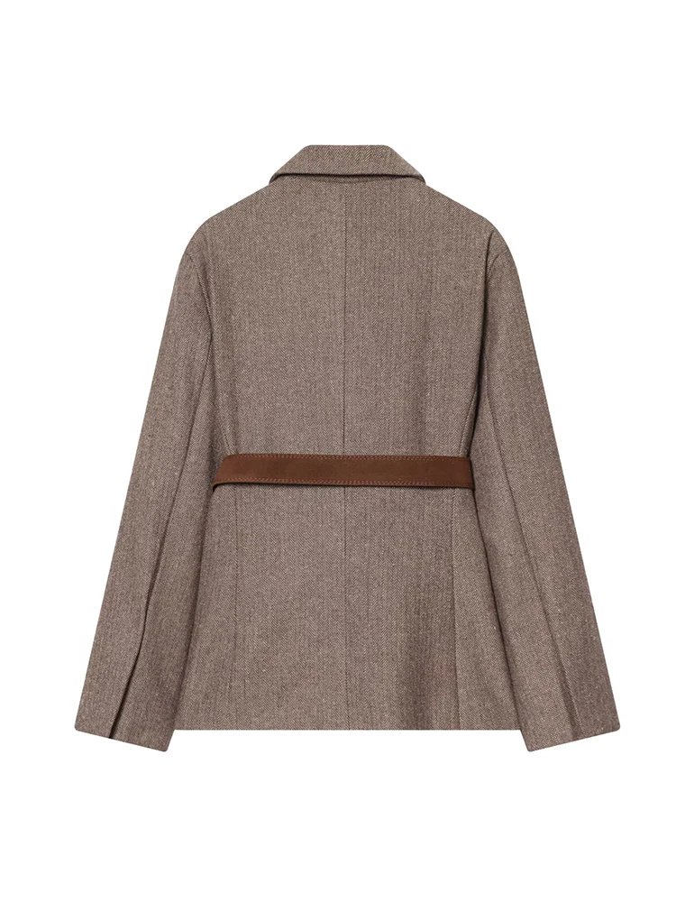 Chaqueta Vintage para mujer, otoño e invierno, nuevo temperamento, chaqueta femenina, moda, cuello vuelto, bolsillo, cinturón, traje, abrigos