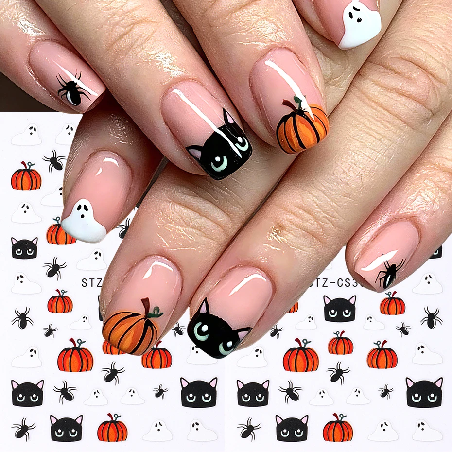 2 Stück Niedliche Gruselige Schwarze Katzen-Kürbis-Nagelaufkleber Cartoon Halloween Geister- und Spinnen-Nagelkunst-Dekorationen für Herbst-Maniküre