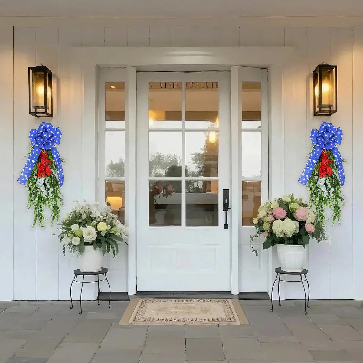 

4Th of July Independence Day Wreath for Front Door, White Blue Red 30 Inch Patriotic Americana Wreaths with Bow Faux