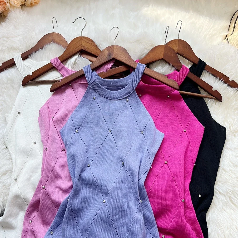 Summer New Hot Sexy Package Hips Knitted Dress Women Fashion Y2K Diamonds Bodycon Dress Streetwear Lady Outfits