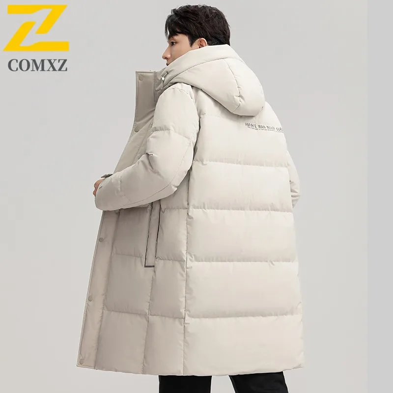 COMXZ Winter Lightweight Puffer Jacket Men Designer Thermal White Duck Down Filler Coat High Quality Ski Hooded Long Down Jacket