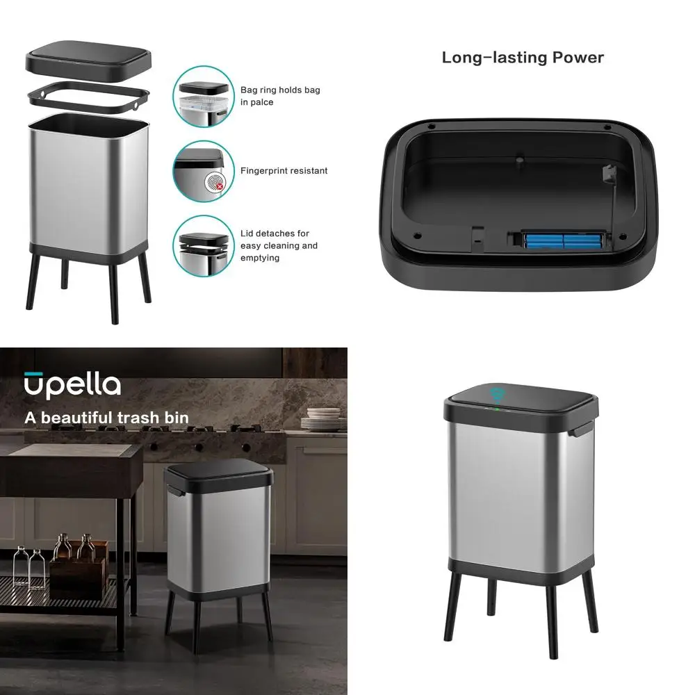 

10.5 Gal Brushed Stainless Steel Automatic Touchless Trash Bin with Wide Rectangular Design and Raised Legs