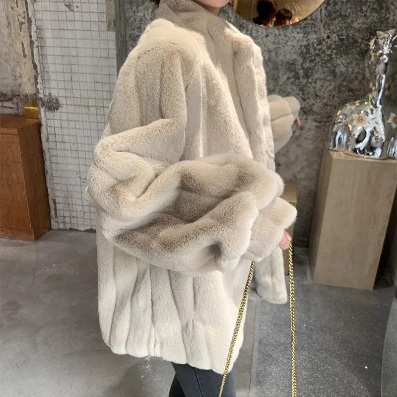 Mixed fur women's mid-length coat loose overcoat stand-up collar