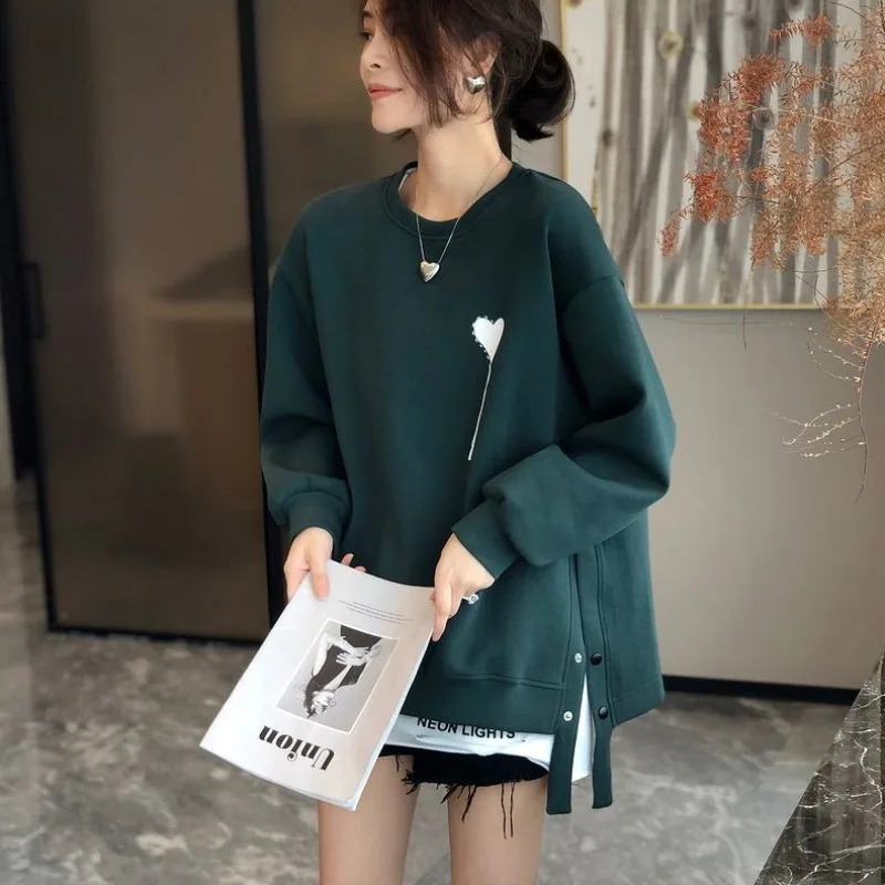 Casual Sweatshirts Women Plus Velvet Thicker Winter Warm Plus Size Korean Fashion Side Slit Clothes All-match O-neck Pullover