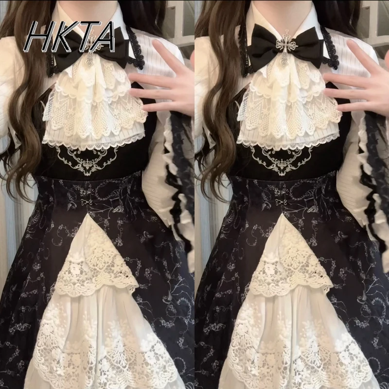 High-end Lolita Original Skull Magic High Waist Long Dress Set Women Lolita Halloween Horn Long Sleeve Shirt Suspender Dress