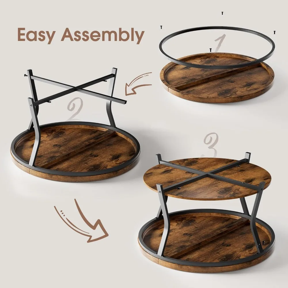 Round Coffee Tables for Living Room, Circle Wood Coffee Table, 2 Tier Industrial Modern Center Table with Thickened Tabletop and