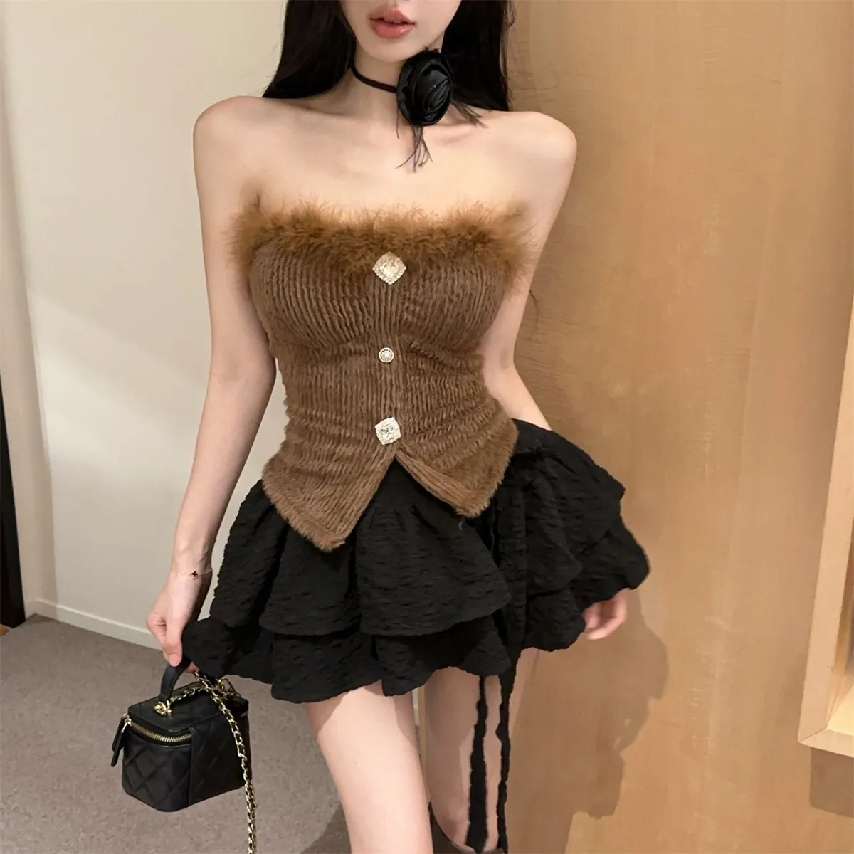 

Faionable Pure Desire Fairy Design с запахом на груди, топ с узлом, юбка-тортик, осень-зима, новый комплект из двух предметов для женщин