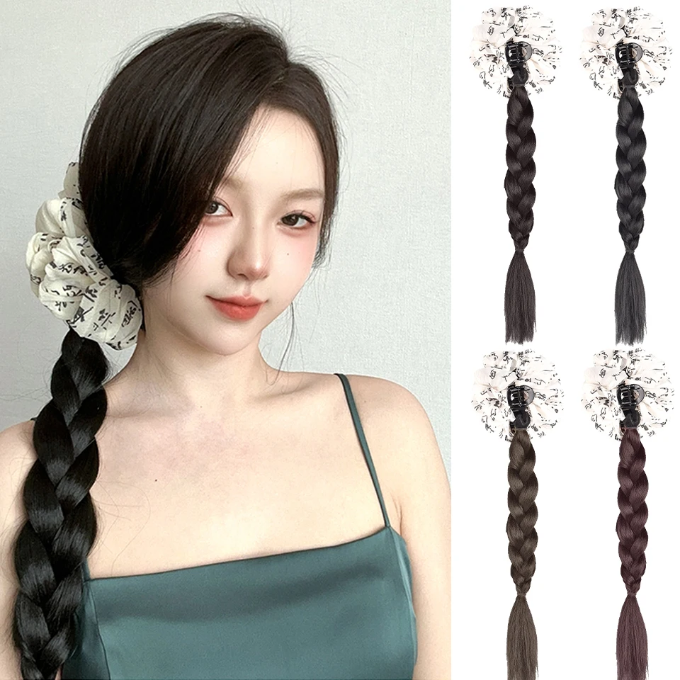 

EAST Synthetic Wig Braid Female Fried Dough Twists Braid Ballet Style Natural Sweet Ribbon Clip Double Braid Ponytail Wig