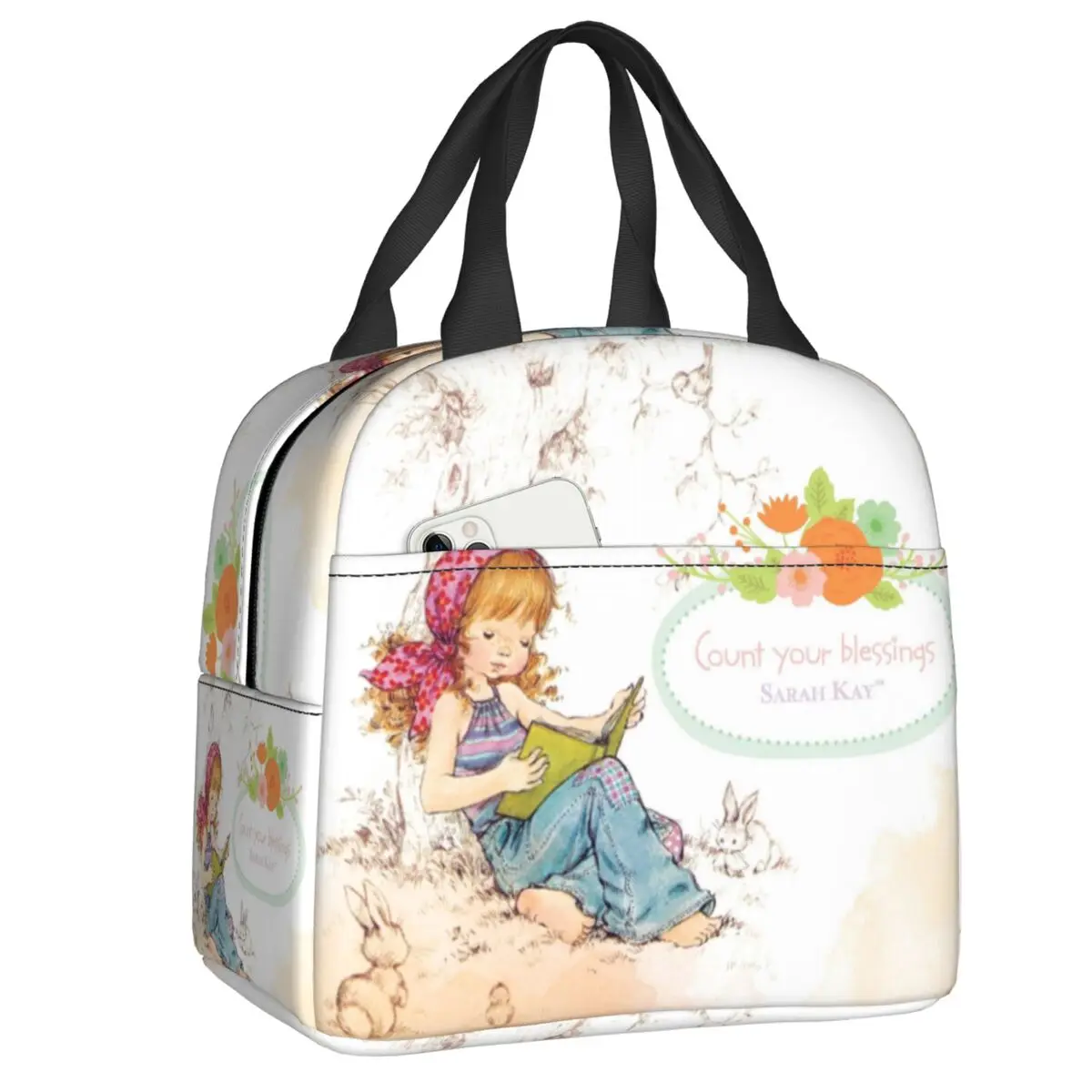 Lancheira portátil personalizada com animação de desenho animado sarah kay para mulheres, refrigerador multifuncional, lancheira térmica isolada para estudantes