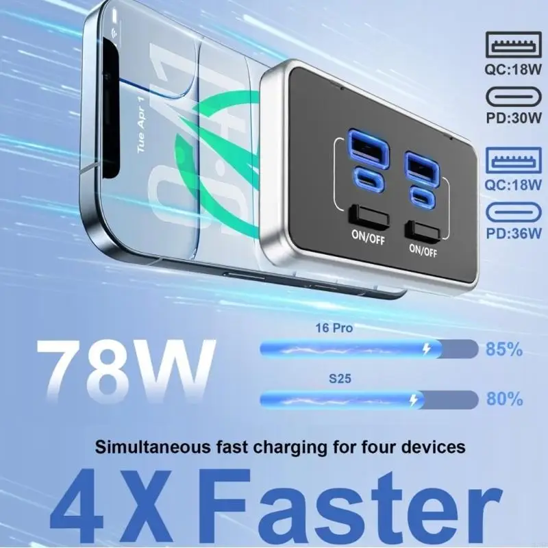 M76E Verbesserter 78-W-Fahrzeug-Netzadapter mit 4 Anschlüssen, zwei USB-C-Anschlüssen und physischen Schaltern zum Geräteschutz – Detail 8