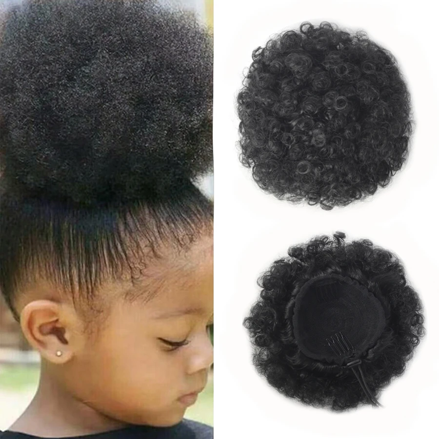 Coque Afro Curto Sintético para Crianças, Aplique de Cabelo Cacheado para Coque, Rabo de Cavalo Preto com Cordão, Coque Crespo com Clipe