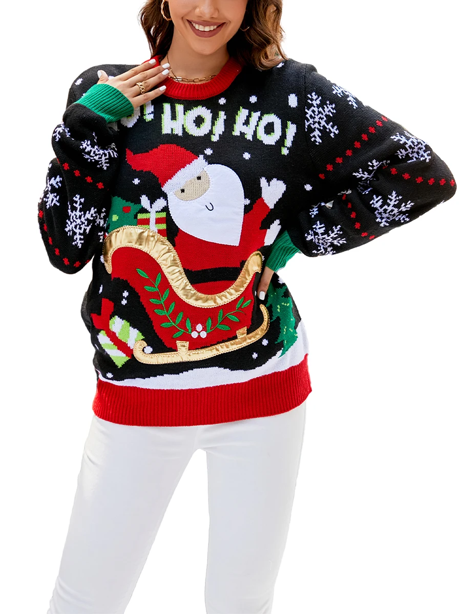 Women Christmas Sweater Winter Long Sleeve Round Neck Santa Claus Pattern Classic Fit Knit Tops