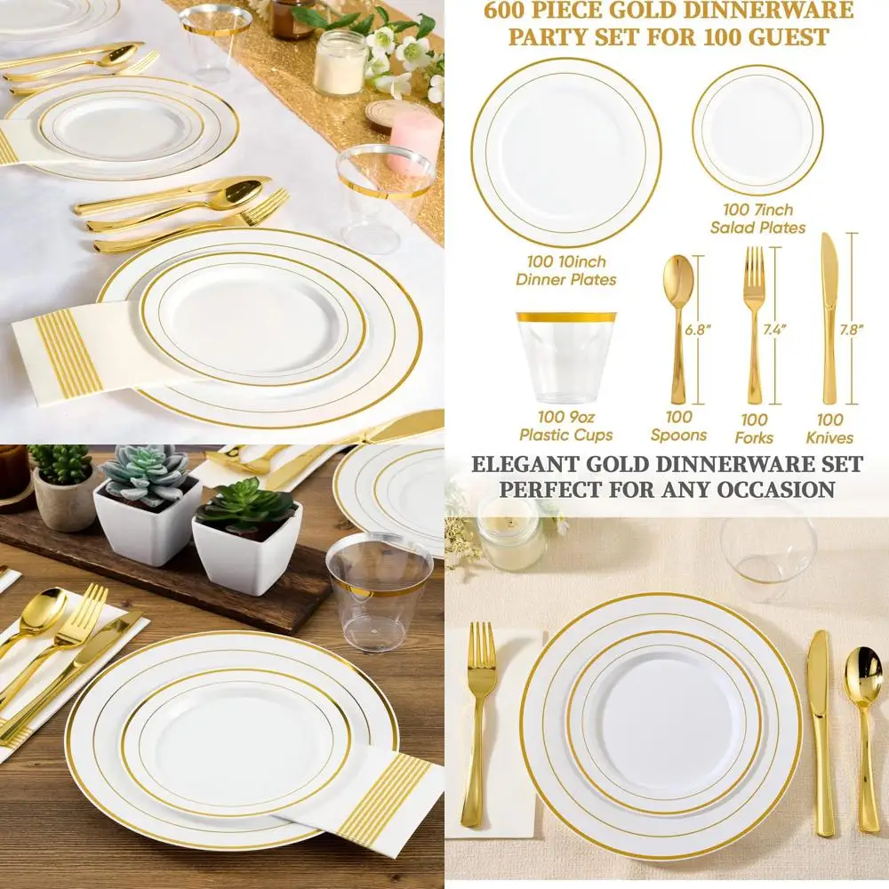 

100-Person Gold-Edged Plastic Dinnerware Set - Plates, Cups, Cutlery for Weddings & Parties