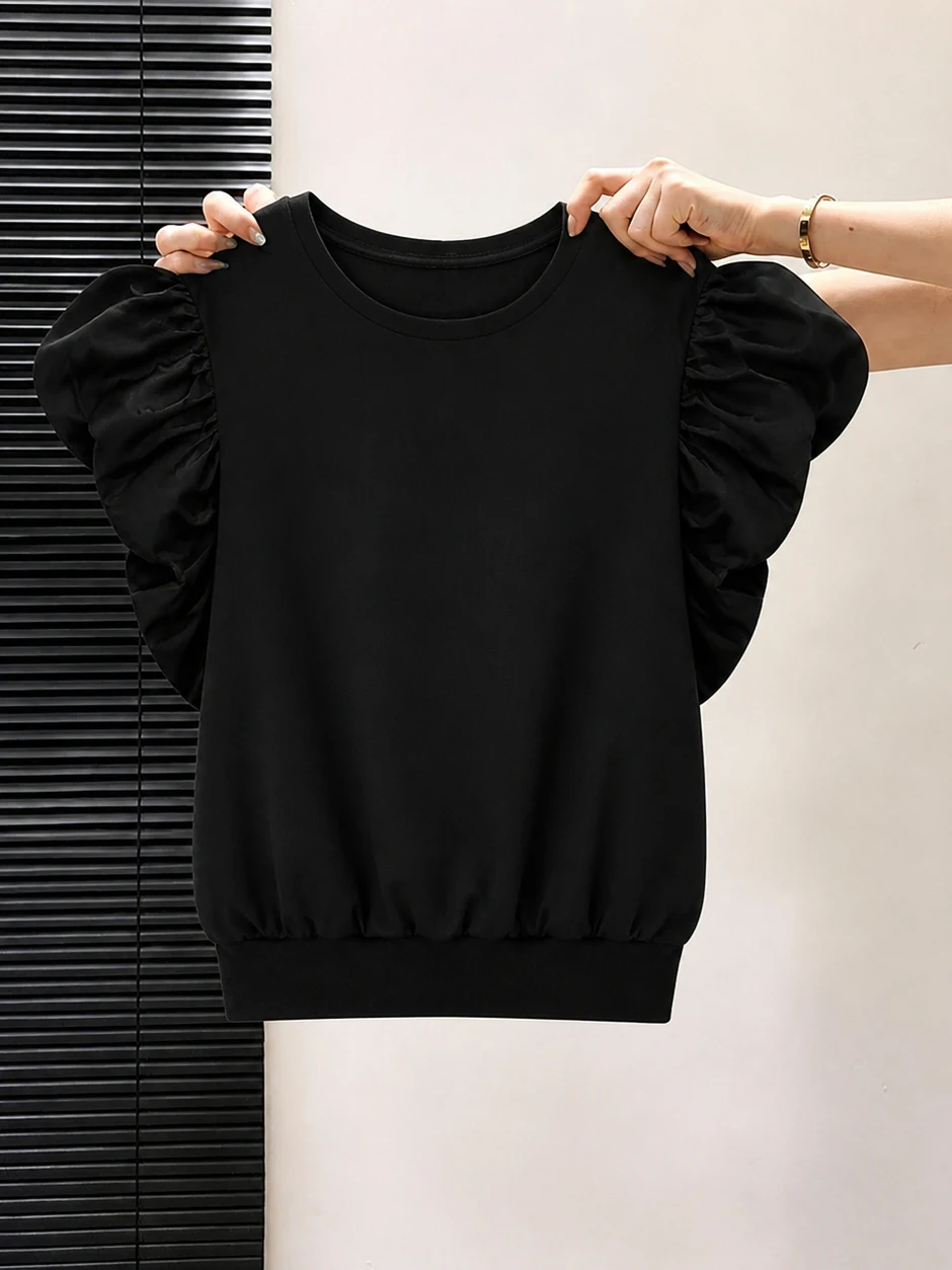 

Elegant Bubble Sleeve Top White Enhancing Casual Commute Style Korean Fashion Summer 2026 Unique Shirt for Younger Looking