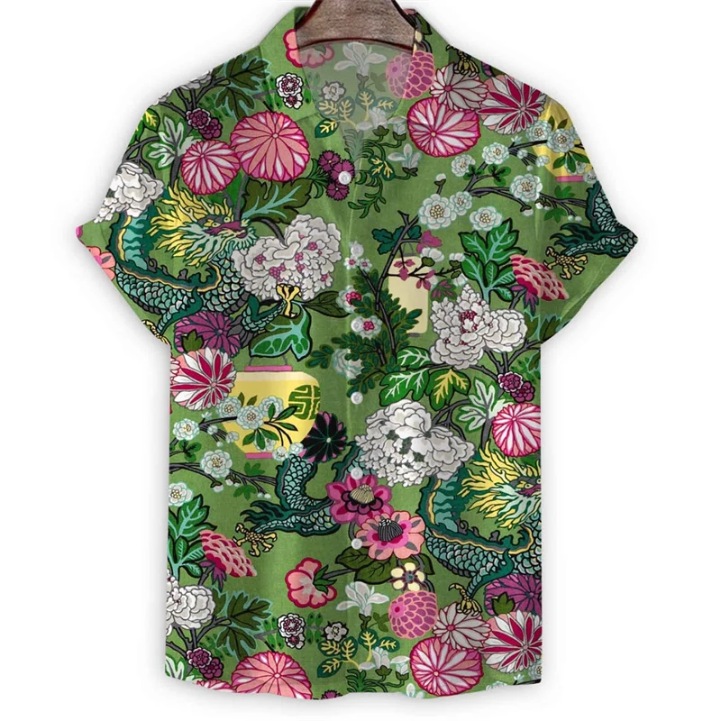 Oriental Dragon Birds Hawaiian Shirt Men 3d Print Flower Short Sleeve Summer Lapel Button Shirts Top Street Oversized Blouse