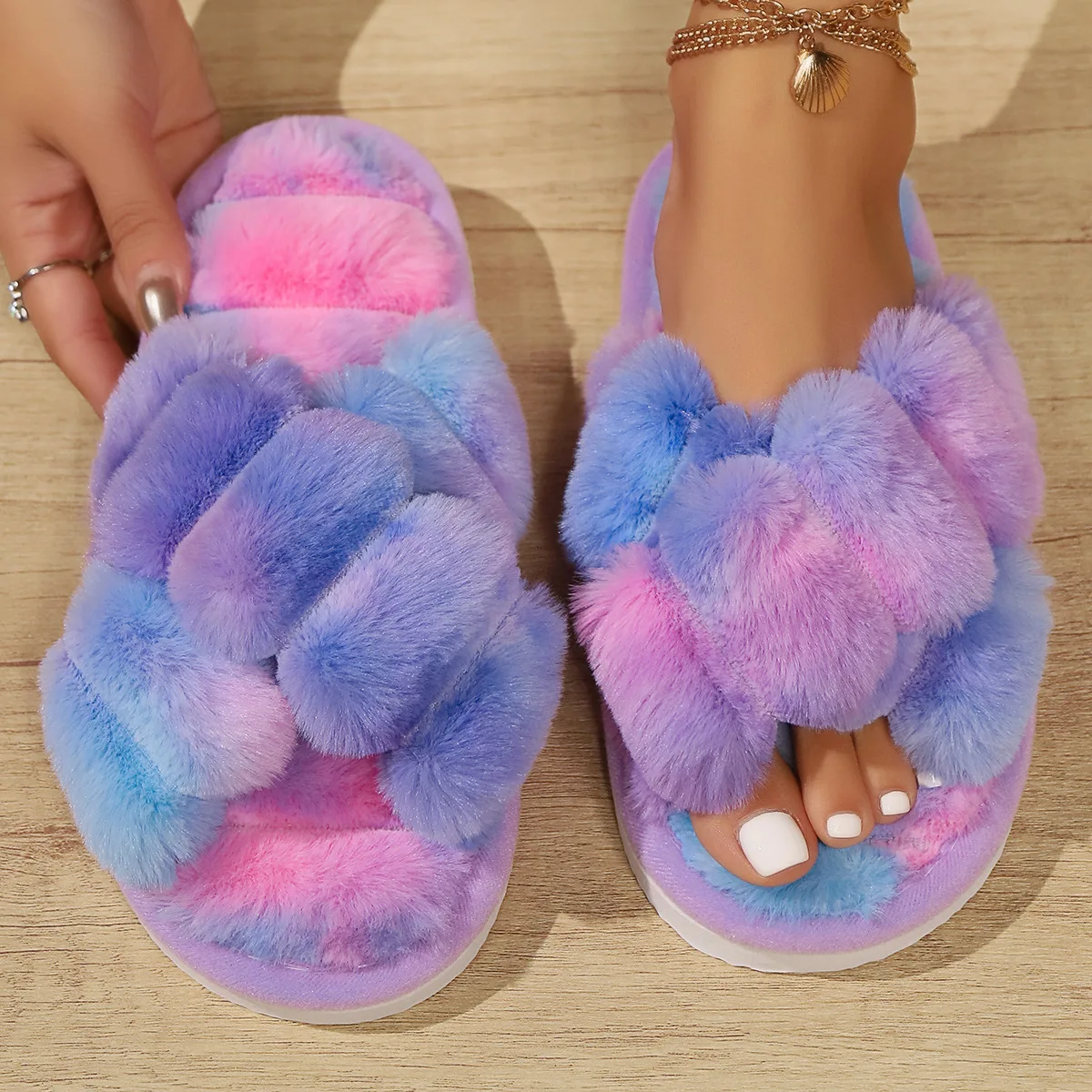 Furry Slippers Women Autumn and Winter Outdoor Non-slip Indoor Thick-soled Furry Shoes Fashion Faux Fur Cross Warm Plush Slides