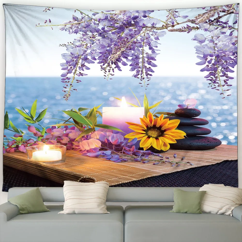 Tapiz de paisaje Zen, pomelo púrpura, flores de loto, mariposa, tapices de bambú verde, decoración moderna para el hogar y la sala de estar, colgante de pared