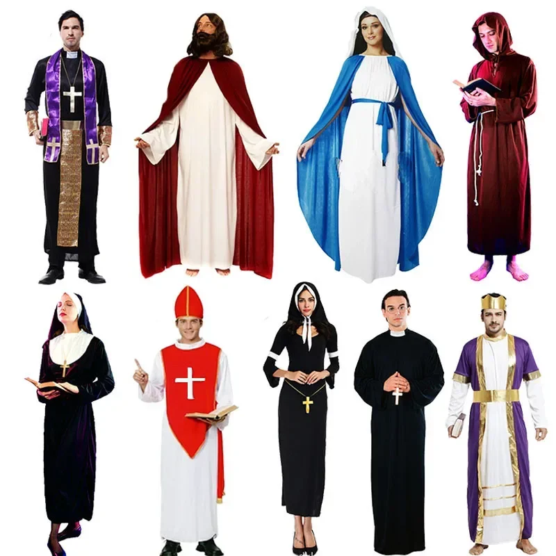 Women Men Child Nun Priest Costume Adults Jesus Virgin Mary Cosplay Costumes Masquerade Party Dress