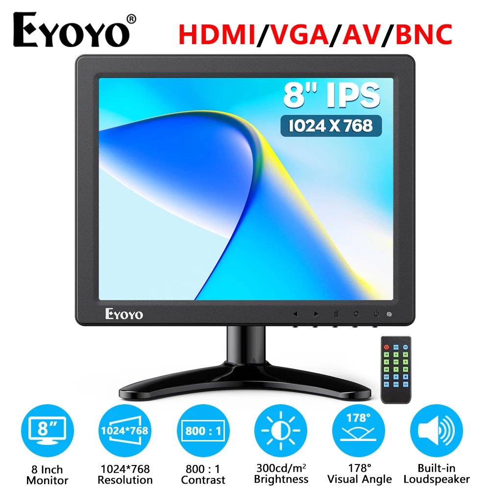 Desktop Monitor Desktop Monitor 1024×768 4:3 Ips Screen Suporte a Controle Remoto Hdmi Vga av Entrada Bnc para Computador Cctv Câmera Eyoyo-em08f