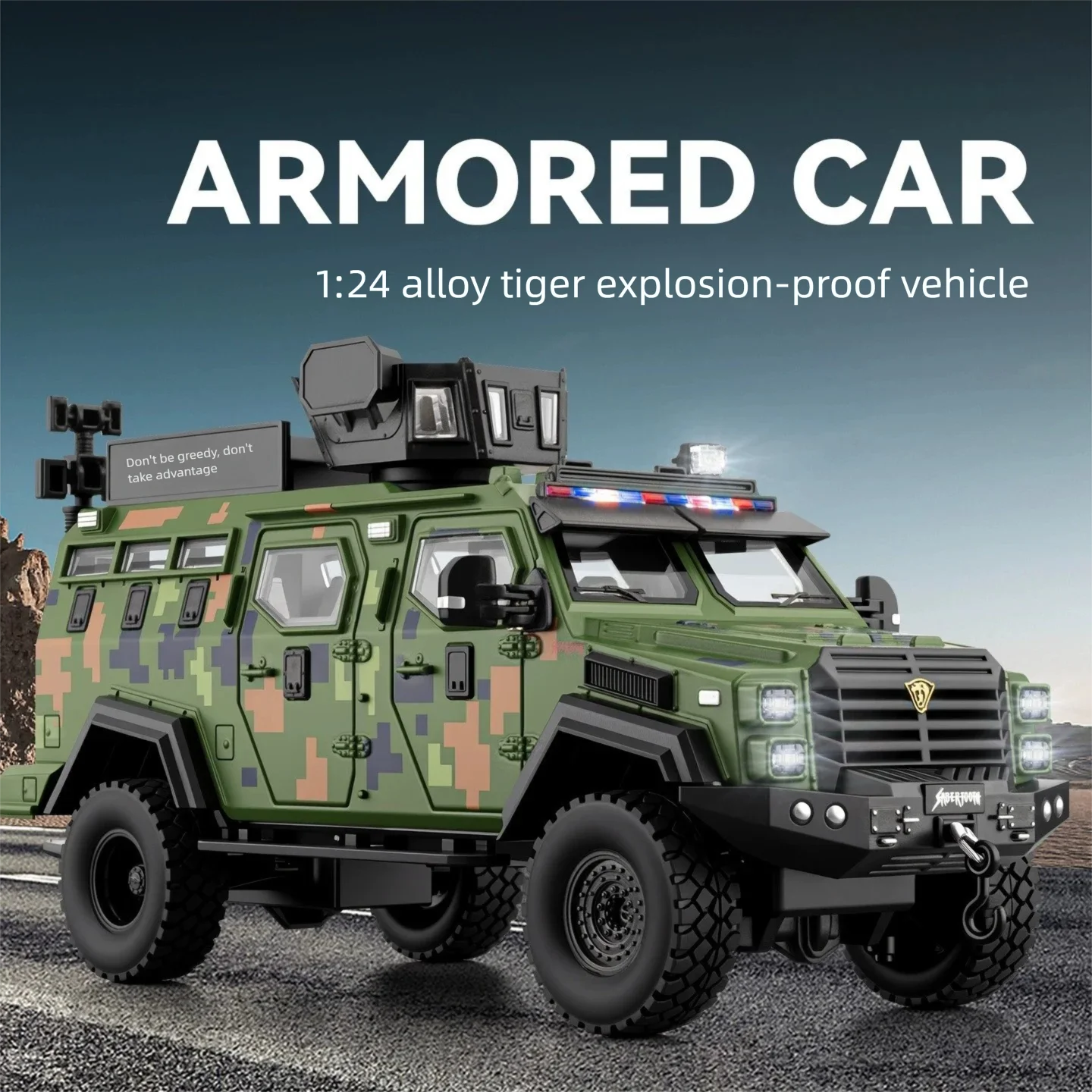 1:24 Scale Toothed Tiger Armored Vehicle Model Diecast Car Military Model Doors Opened Pull Back Miniature Office Table Decor