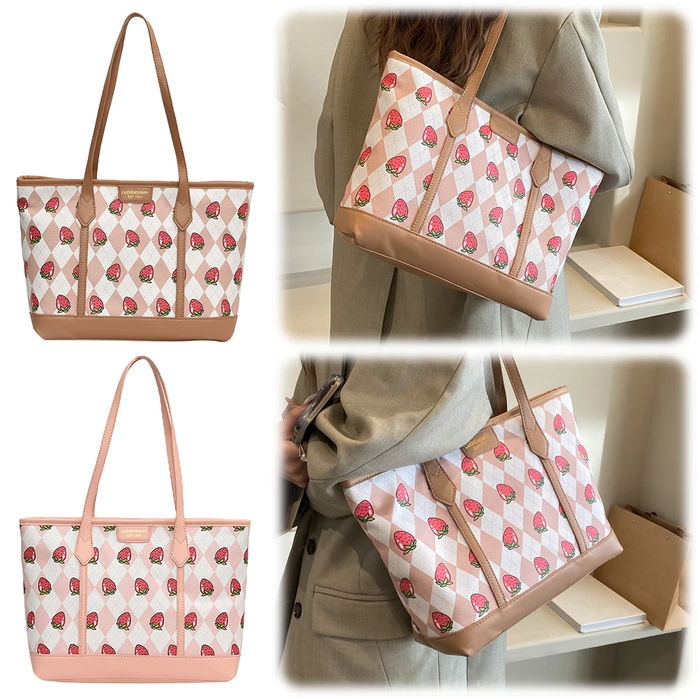 Bolso de hombro con estampado de fresas para mujer, bolso de mano de cuero PU con cremallera, Asa superior, bolso Hobo de gran capacidad