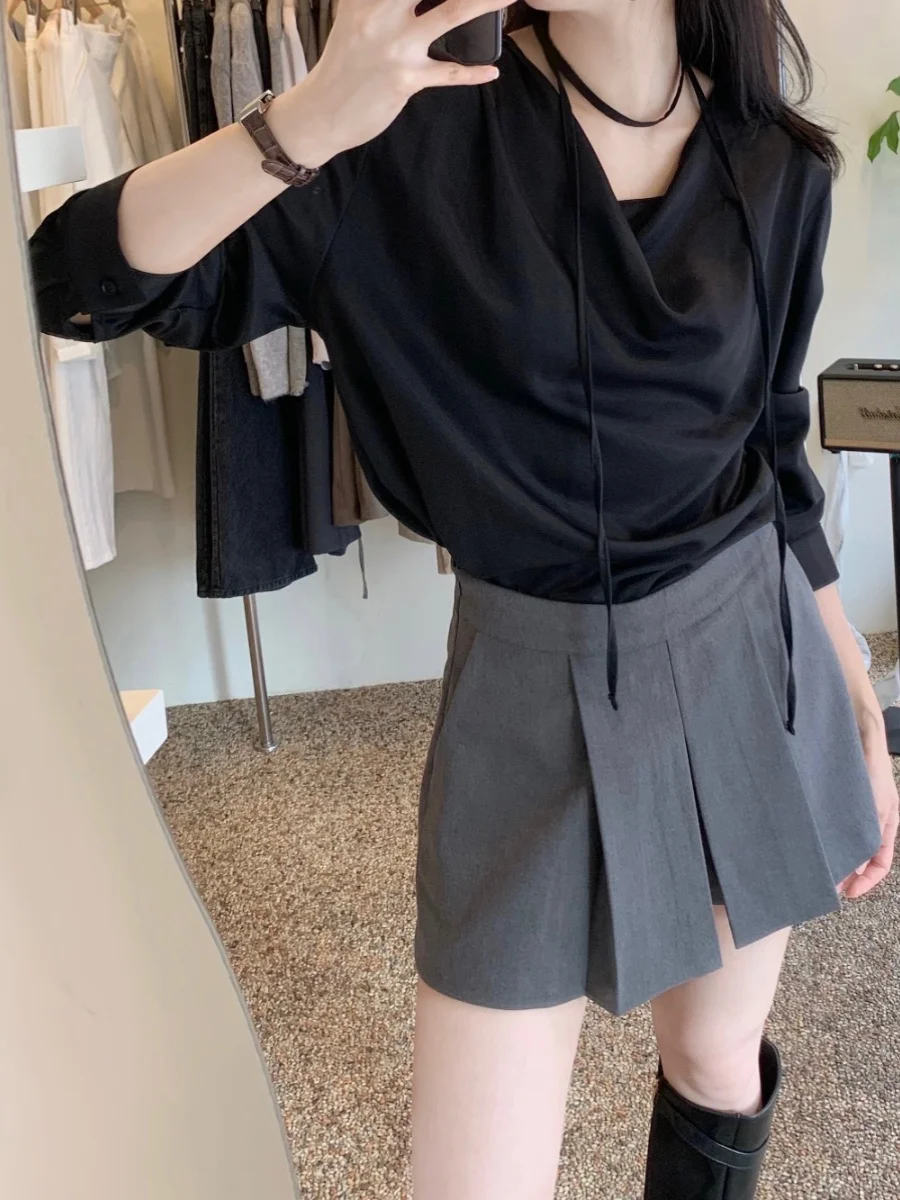 Chic Frühjahr frauen irt Lose Abnehmen Gürtel Taille Ausgestelltes Kragen Chiffon Top Lange Sve Pendeln Sle Farbe