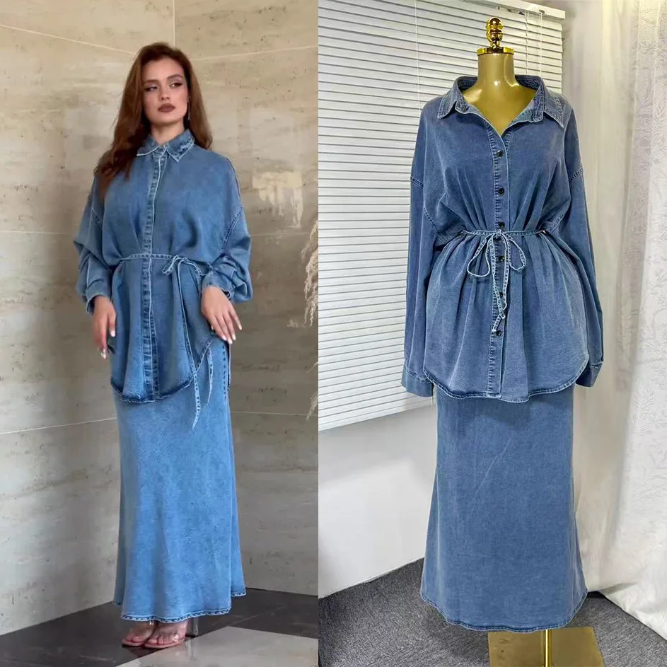 

Women Two Piece Sets Denim Skirt Set Full Sleeve Shirt Tops Long Fishtail Skirts Tight Waist Y2k Streetwear Elegant Work Autumn