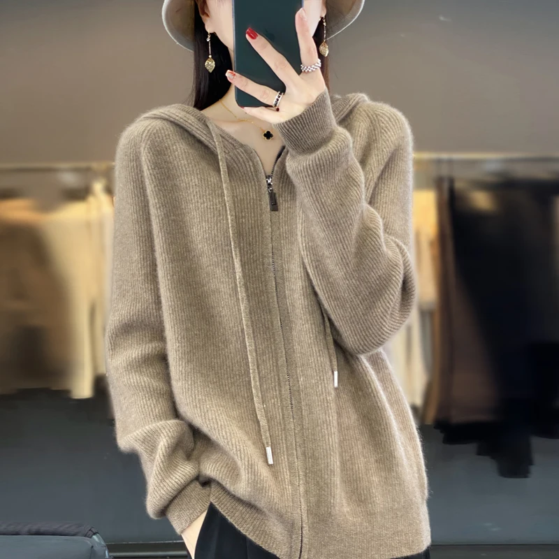 Autumn/Winter New 100% Merino Wool Clothing Women\'s Hooded Zipper Cardigan Casual Loose Knitted Underspool Jacket Korean Tops