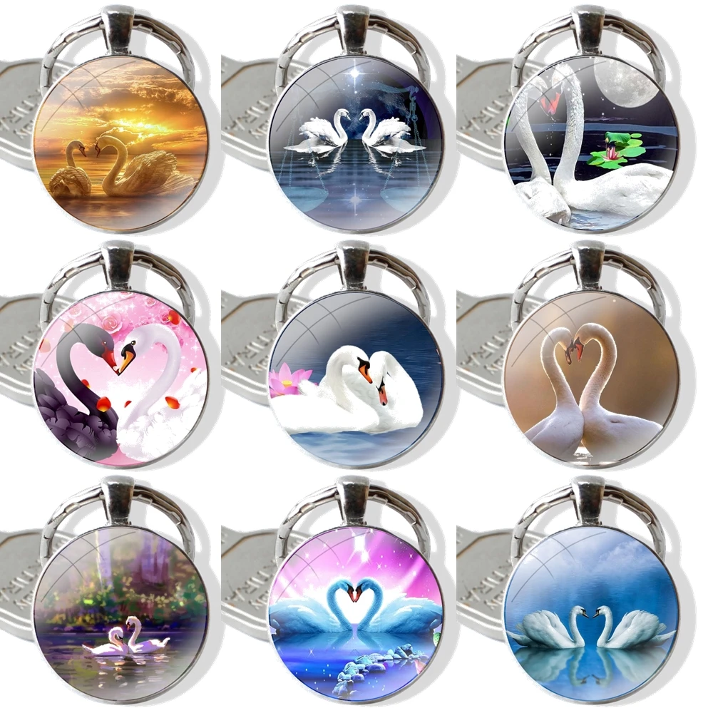 Keychain Handmade Glass Cabochon Key Ring Holder Pendant Key Chains Animals Swan Couples Lovely Birds Oil Painting