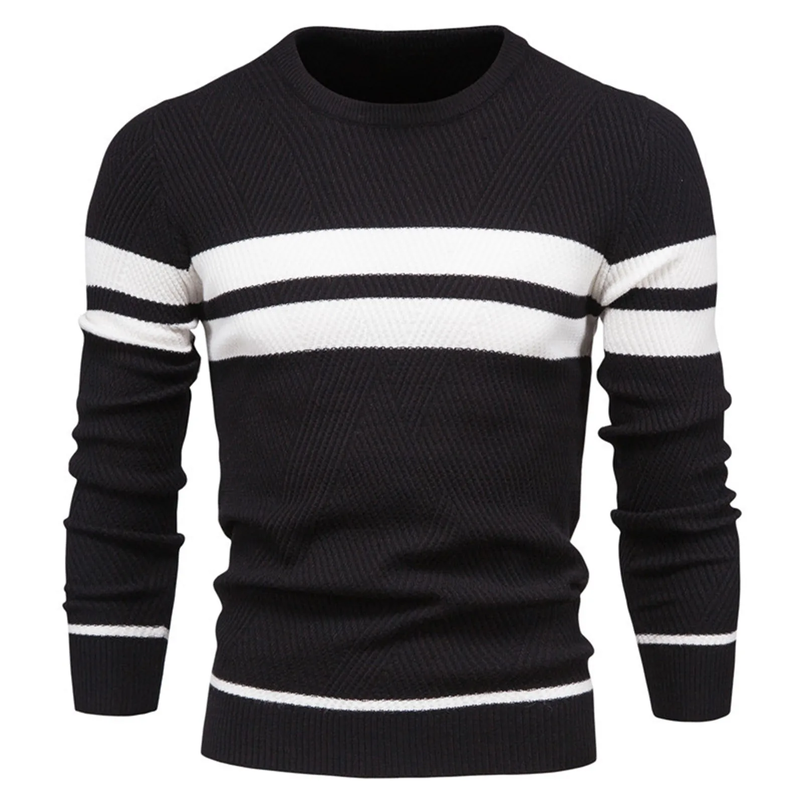 

Men's Warm Sweater Basic Striped Thermal Long Sleeve Crewneck Sweaters Large Size Brand Jacquard Knitting Pullovers For Men