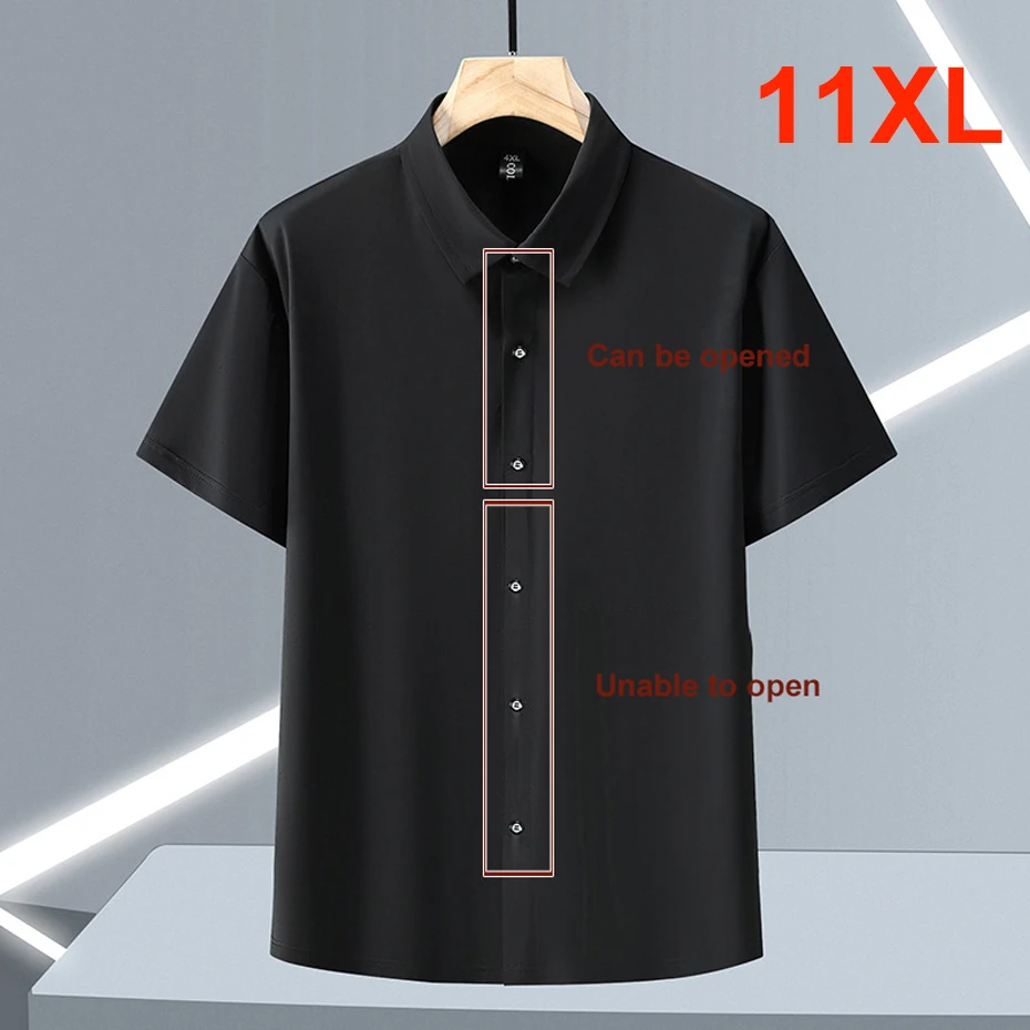 Summer Cool Shirts Men Plus Size 10XL 11XL Elastic Shirt Fashion Casual Solid Color Black Shirts Male Big Size 10XL 11XL