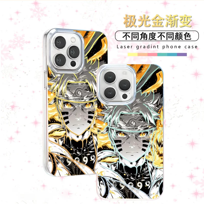 3D Uzumaki Naruto Phone Case for iPhone 12 13 16 15 14 11 17 Pro Max Plus 17ProMax Anime Kurama Aurora Laser Back Cover