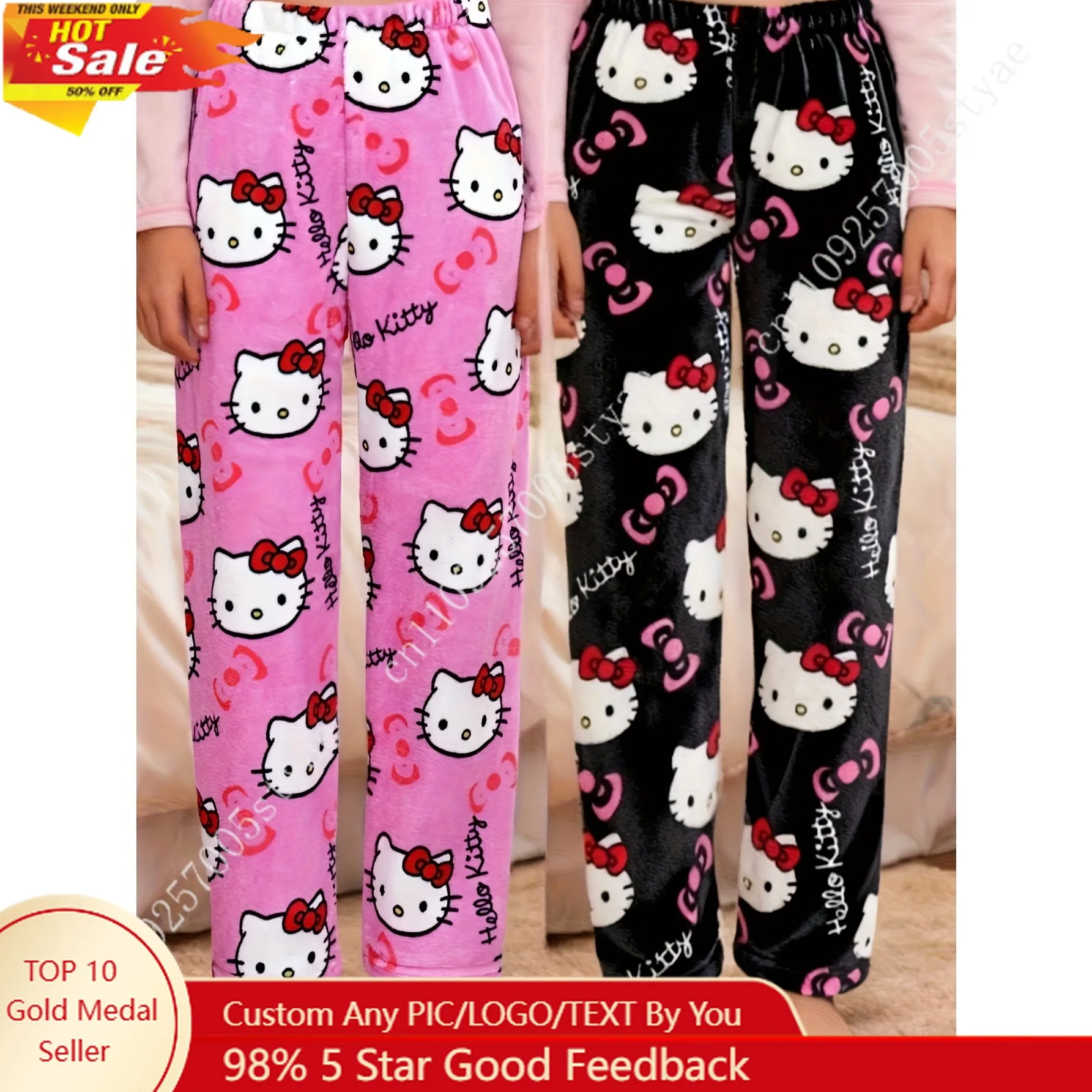 

Hello Kitty 2pcs Soft Home Pants Sanrio Casual Sleepwear Loose Cute KT Printed Pajamas Elegant Pj Bottom for Woman
